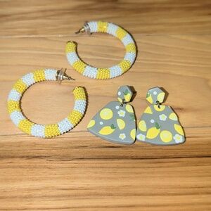 J Crew Yellow and White Beaded Hoop Earrings And Handmade Lemon Earrings